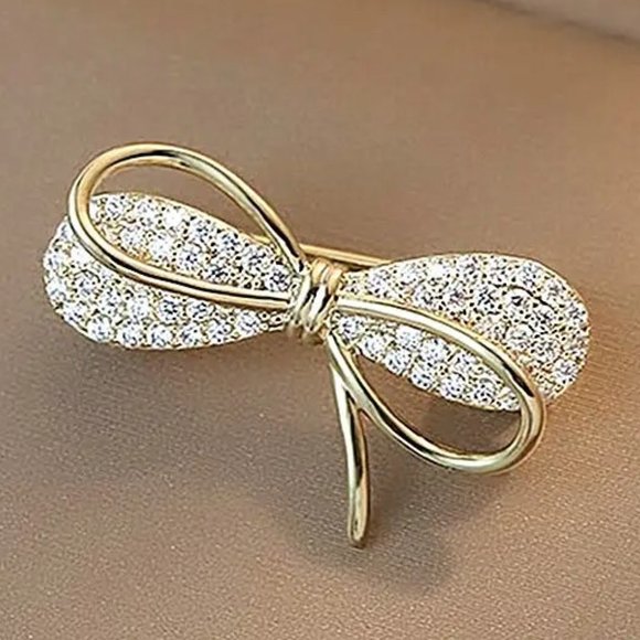 Bowknot Rhinestone Brooch Pin Lapel Gold Bow Sparkle Glam Simple Mimimalist GIFT - Picture 2 of 3